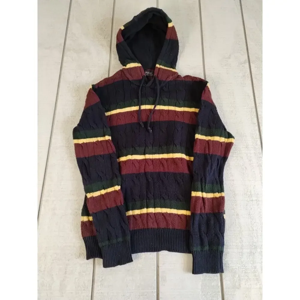 Polo Ralph Lauren St Andrews Rugby Cable Knit Hoodie Striped Sweater Men Size M
